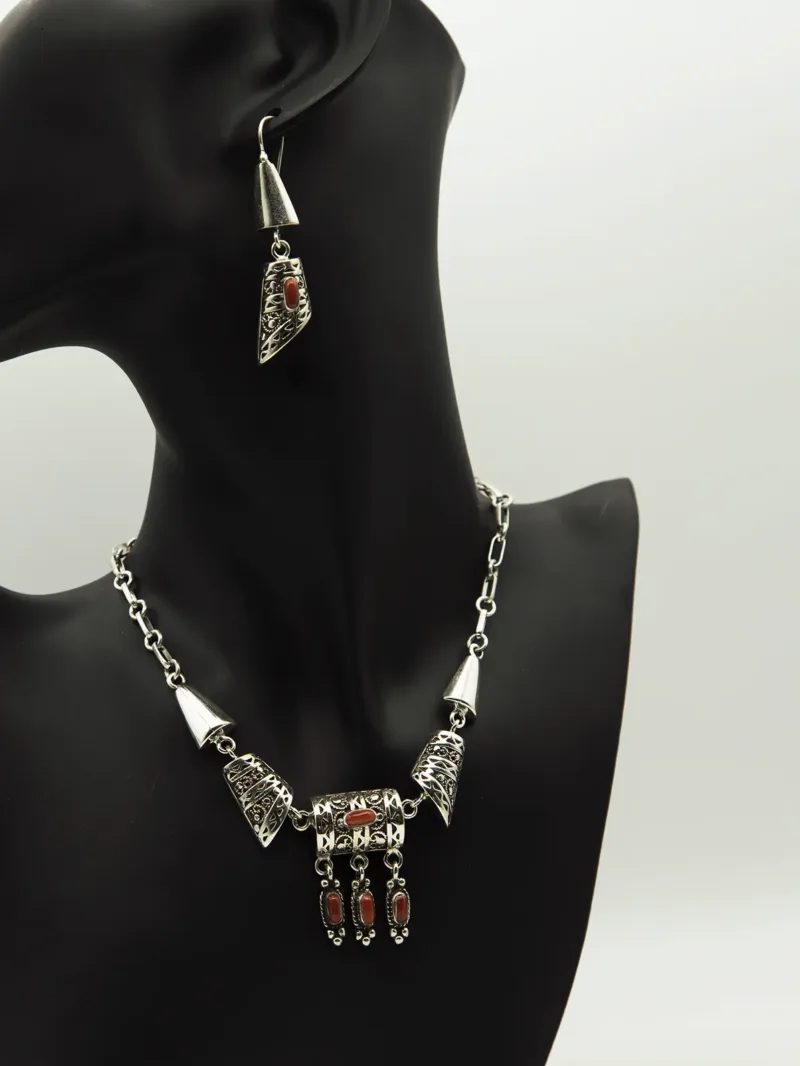 Artisan Silver Necklace & Earrings Set with Red Coral