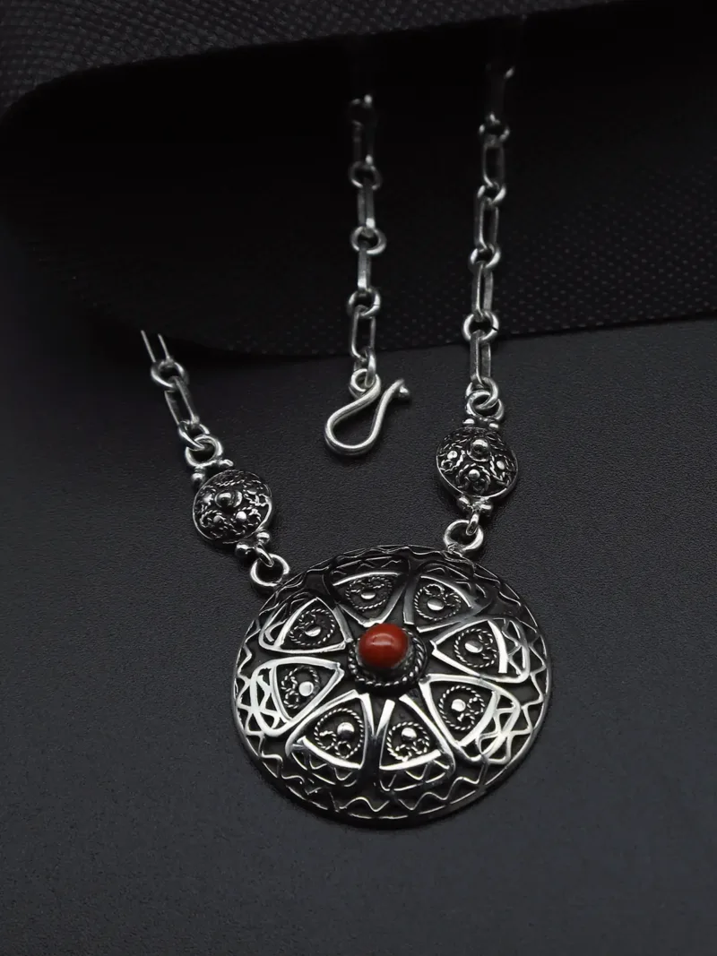 Handcrafted Concave Silver Necklace with Central Red Coral