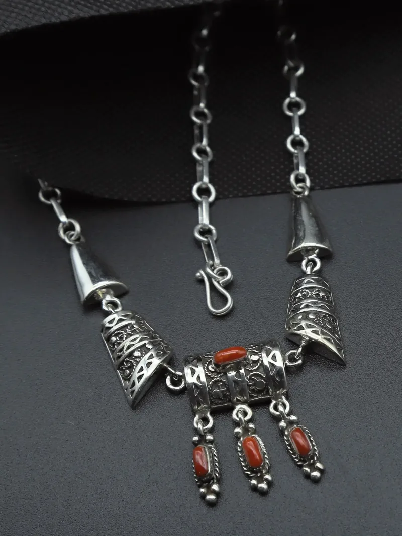 Handcrafted Silver Necklace with Triple Red Coral Drops