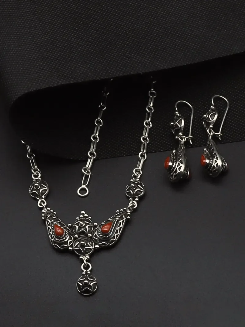 Handcrafted Silver Necklace & Earrings Set – Red Coral Centerpieces with Refined Detailing