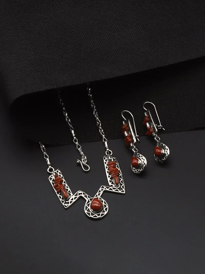 Artisanal Silver Necklace & Earrings Set with Red Coral