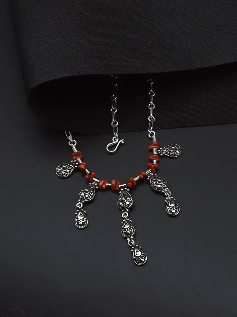 Handcrafted Silver Necklace with Natural Red Coral