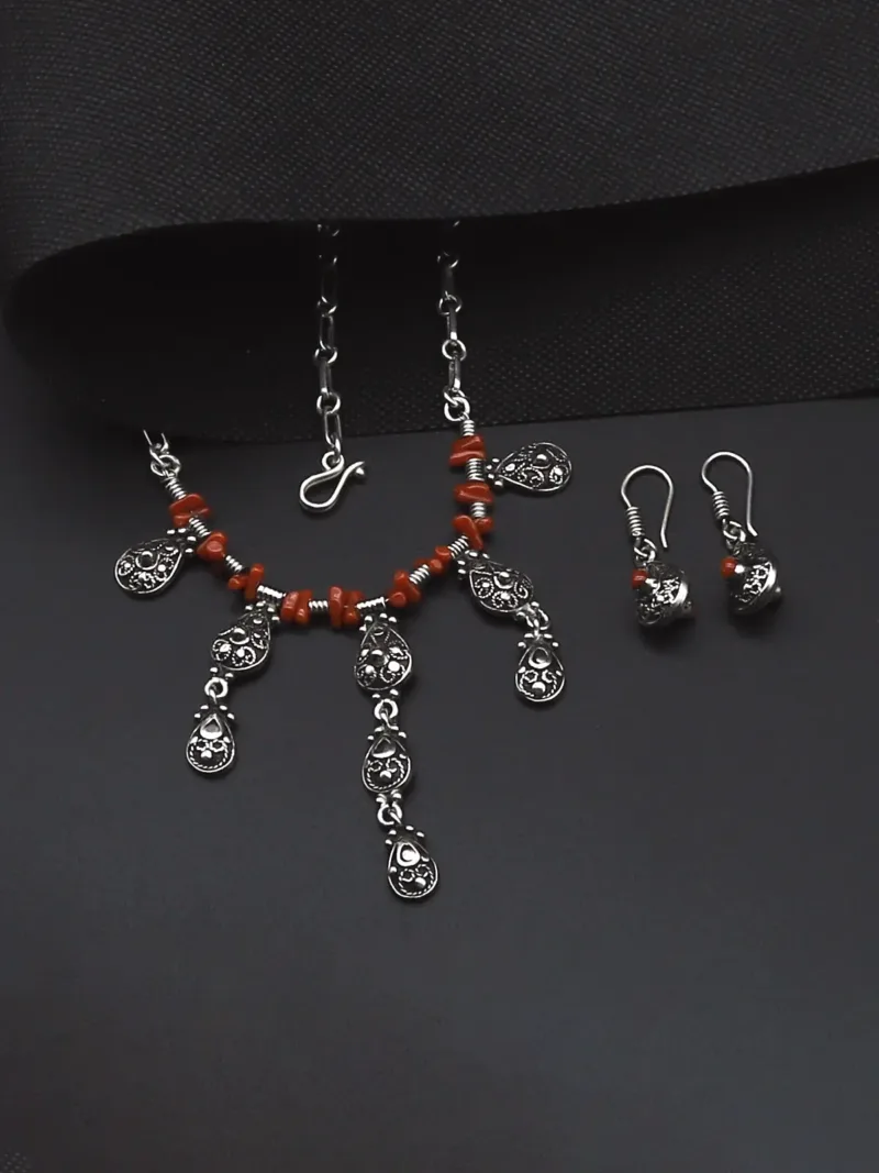Handcrafted Silver Necklace & Earrings Set – Red Coral Accents with Harmonized Forms