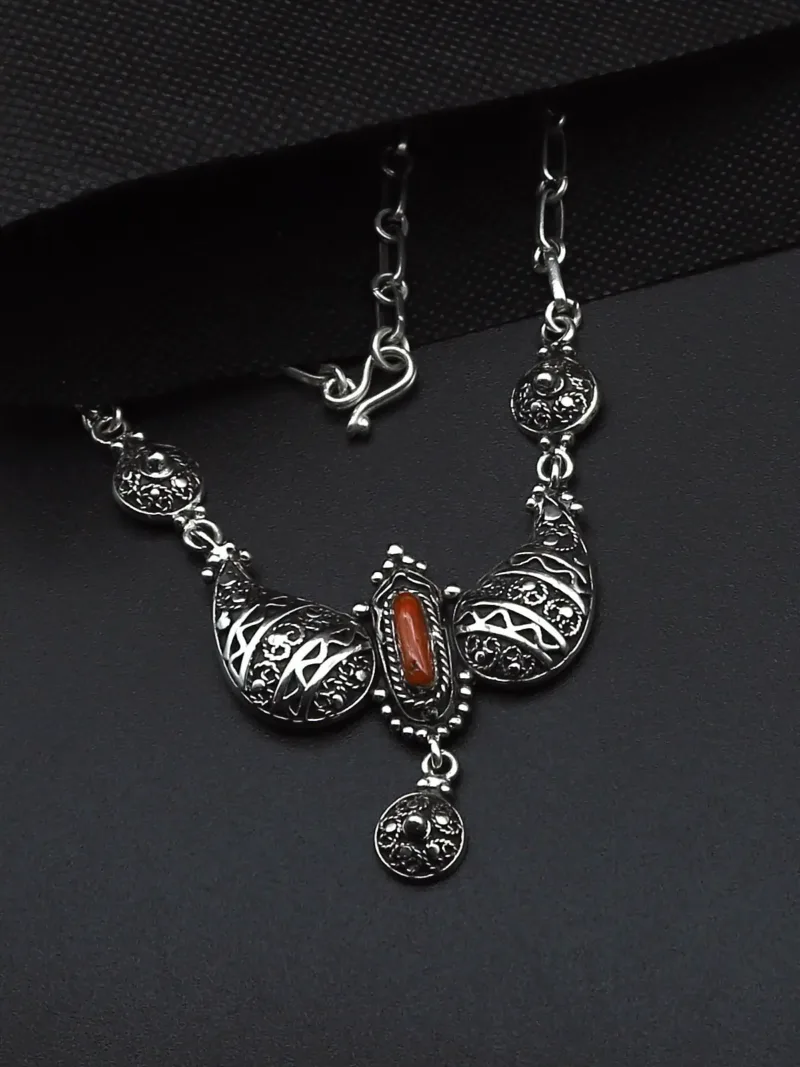 Handcrafted Silver necklace with Natural Red Coral Accents
