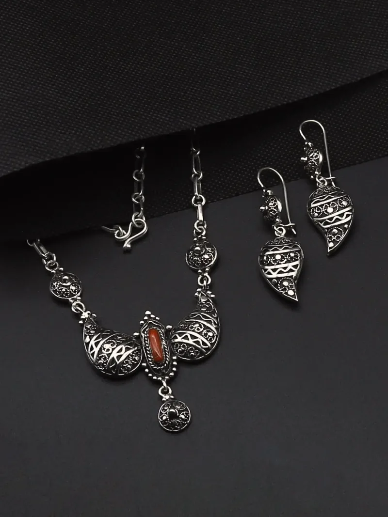 Handcrafted Silver Necklace & Earrings Set – Red Coral Centerpiece with Artistic Detailing