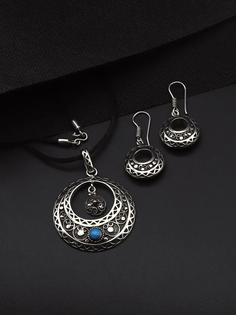 handcrafted Silver Necklace & Earrings Set – Sky Blue Stone Centerpieces with Artistic Silhouettes
