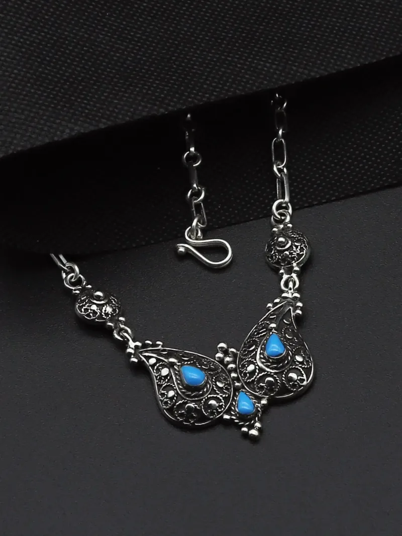 Handcrafted Silver Necklace – Textured Design with Three Sky Blue Stones