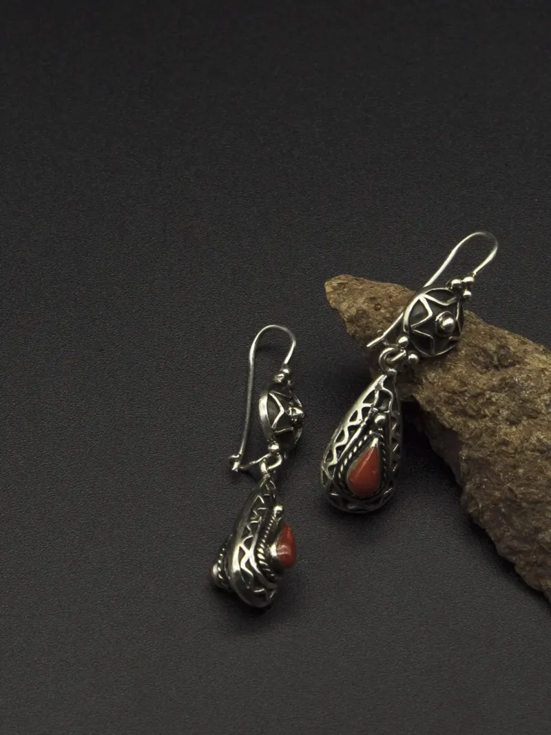 Handcrafted Silver Earrings with Natural Red Coral