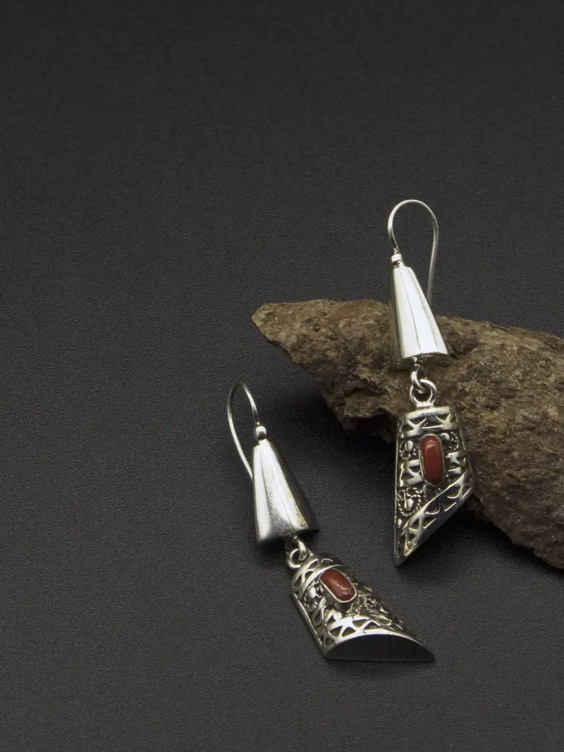 Artisan Silver Earrings with Natural Red Coral