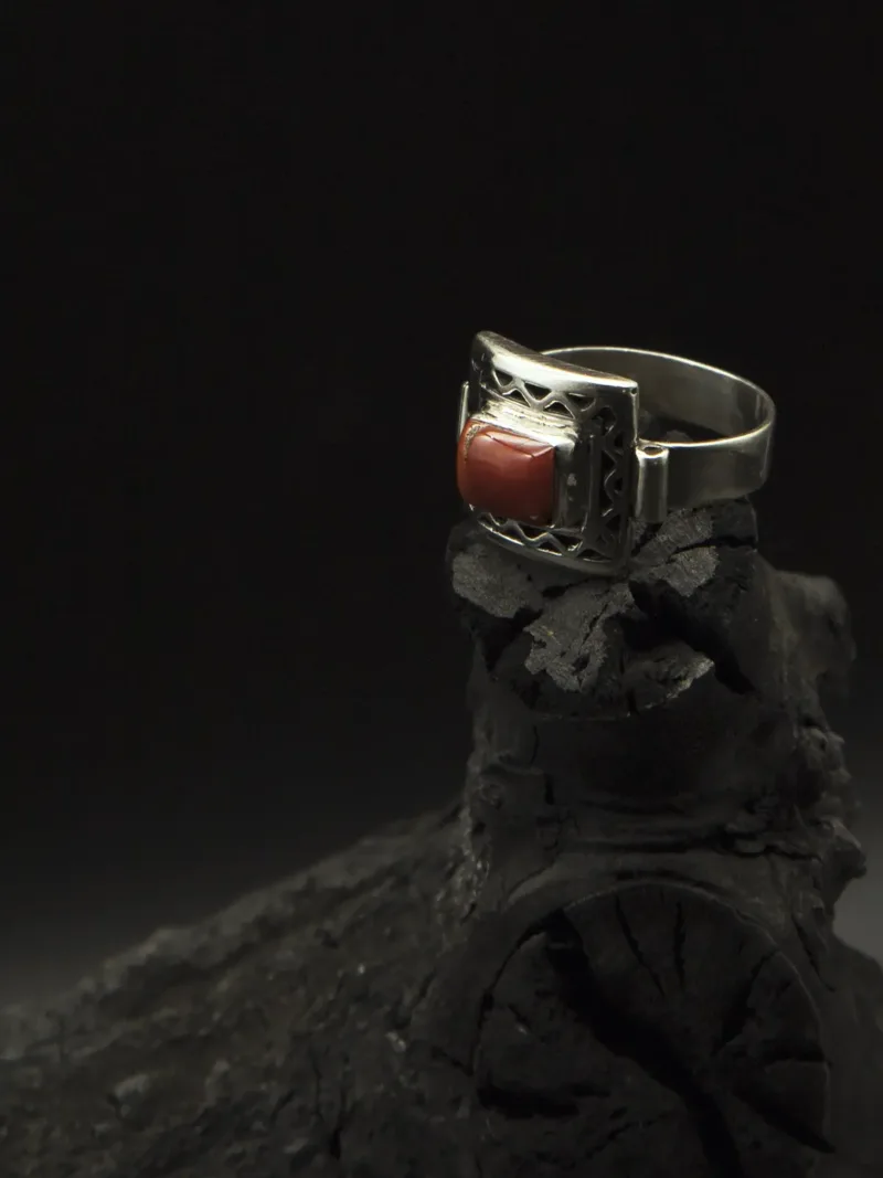 Artisan Silver Ring with Natural Red Coral Centerpiece