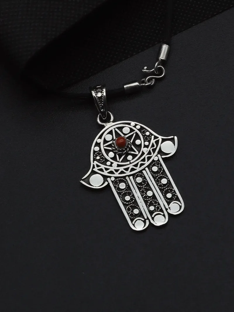 Handmade red coral silver pendant — Hand of Fatima