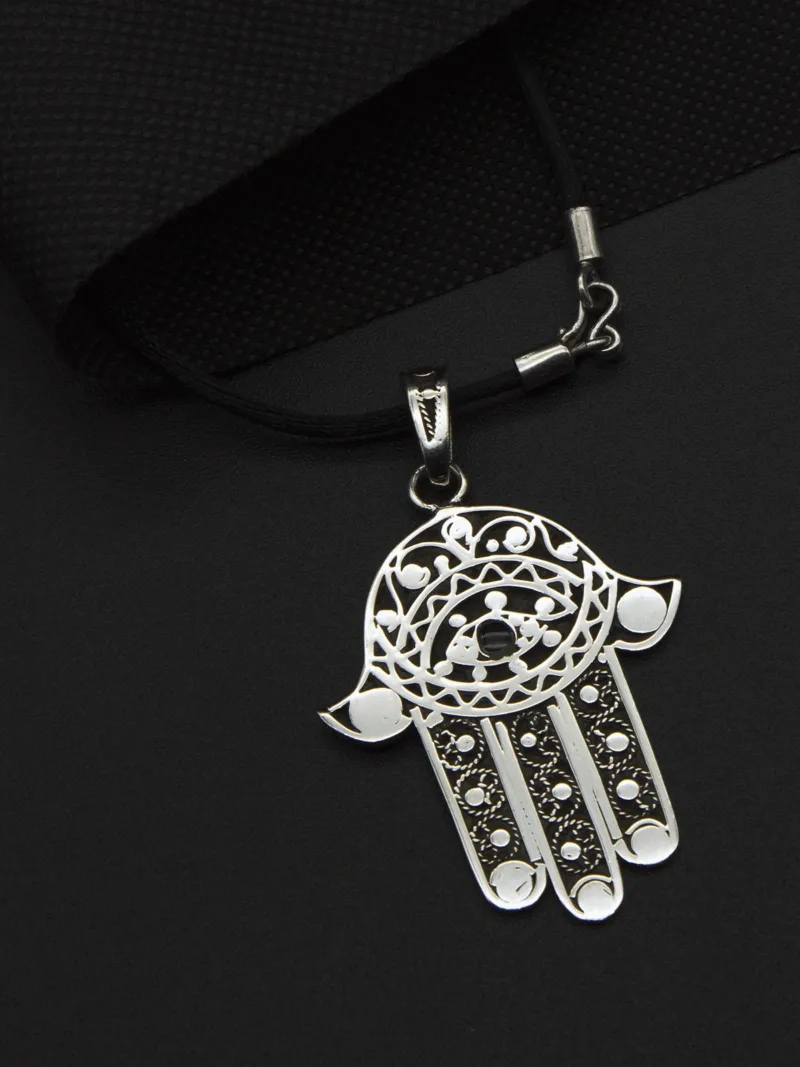 Hand-Engraved Silver Khamsa Pendant with Inlaid Black Stone Eye