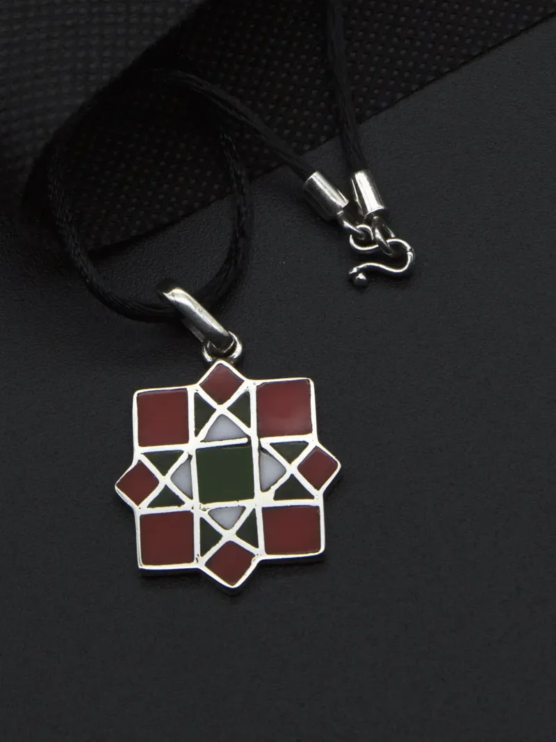 Handcrafted Silver Mosaic Pendant with Red & Green Zellige Inlays