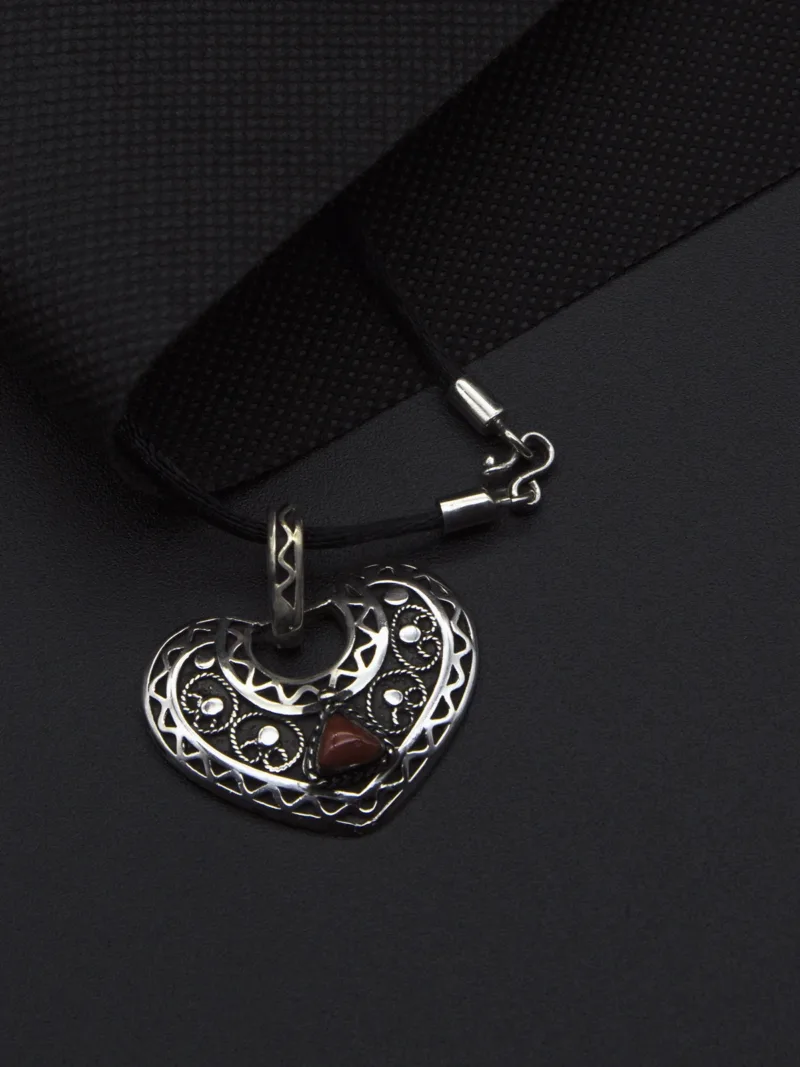 handmade Silver Heart Pendant with Natural Red Coral