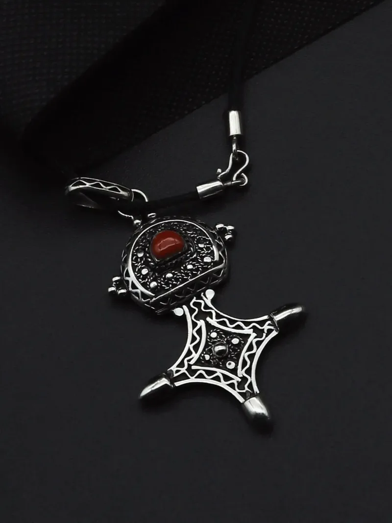 Handmade Southern Tuareg Cross Pendant in Silver with Red Coral