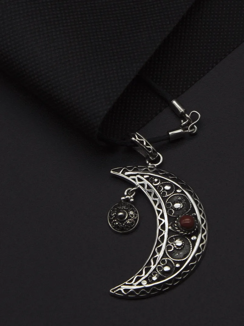 Handmade Silver Crescent Pendant with Natural Red Coral