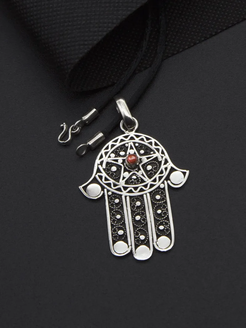 Handmade Silver khemissa's Pendant with Red Coral & Pentagram Detail